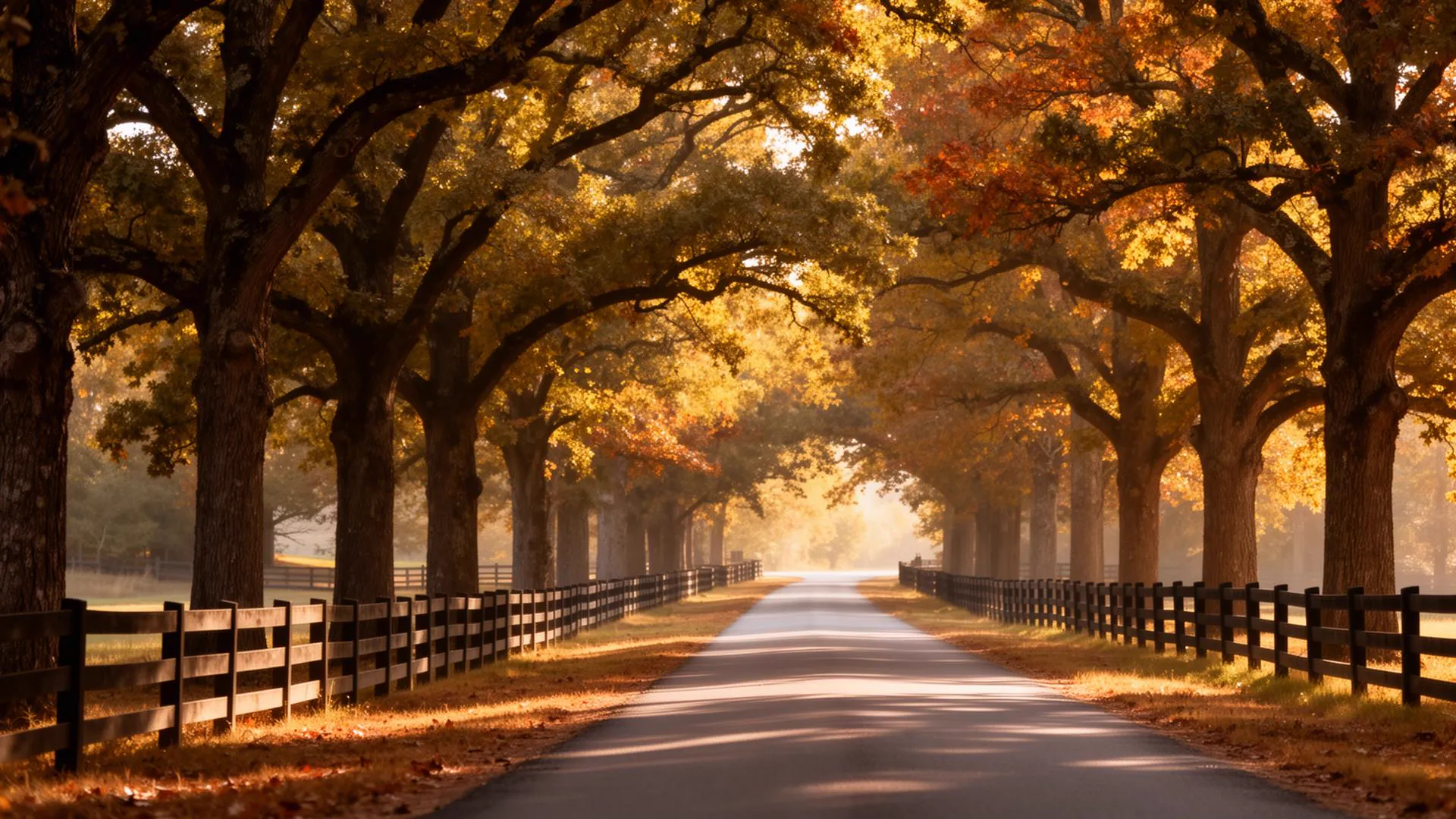 Tree-lined country road through Waxhaw in autumn