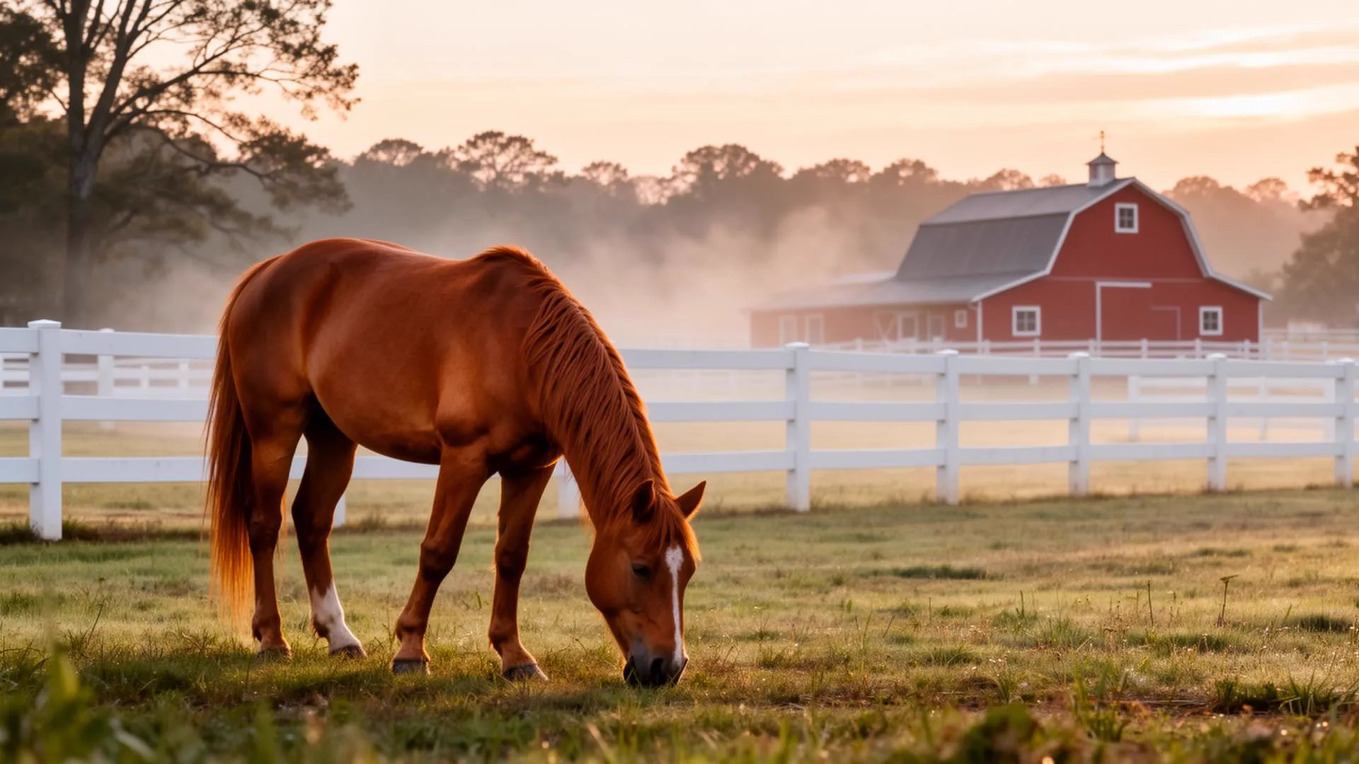 Horse grazing in a Union County NC pasture at dawn