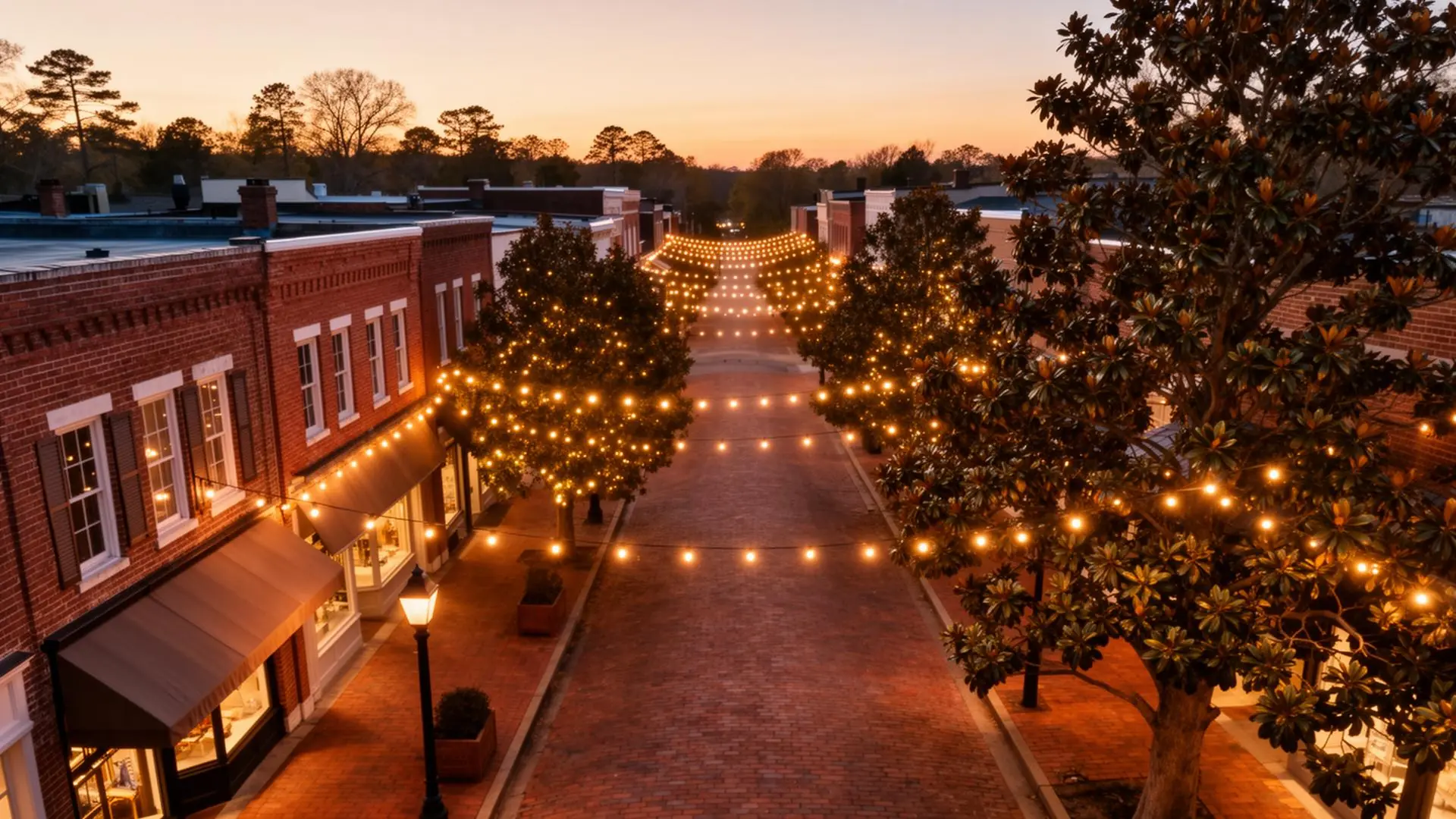 Historic downtown Waxhaw at twilight with brick storefronts and string lights